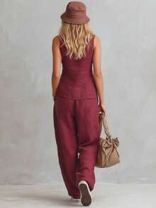 Conjunto de pantalón y top sin mangas con cremallera y cuello alto de un solo color - rojo ladrillo - Ver 3