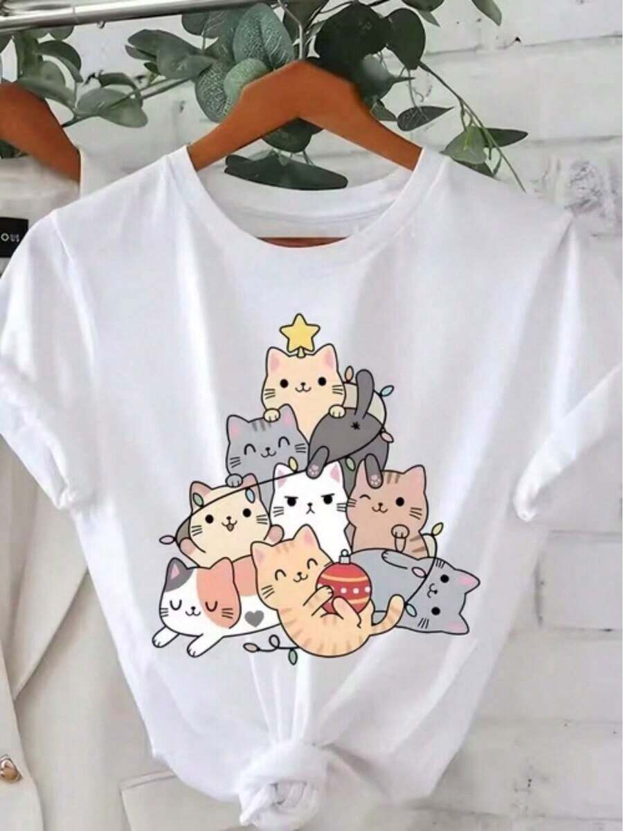 Women's 100% Cotton Short-Sleeved T-Shirt, SS26, With A Graphic Print Of Cute Christmas Cats, Stars And Ornaments. - 白色 - 查看 1