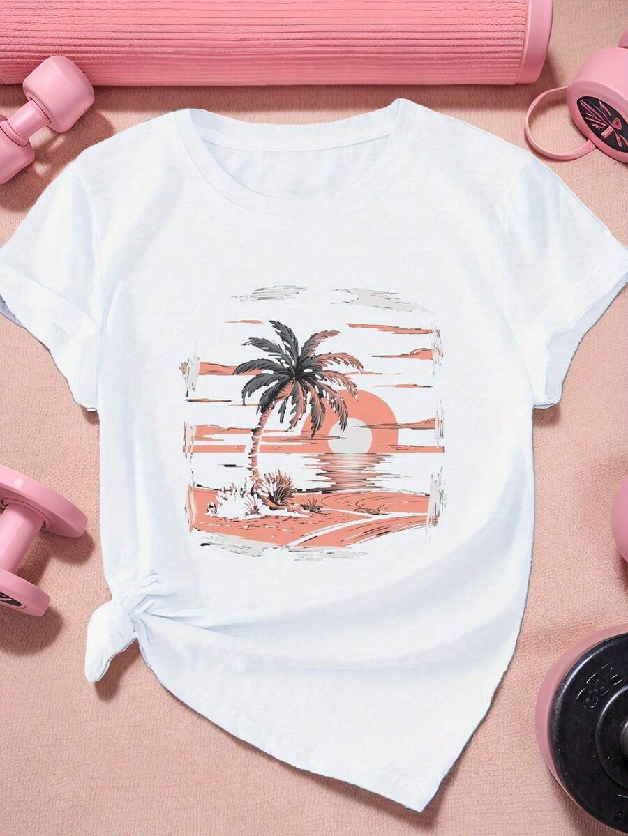1 pieza de camiseta deportiva de manga corta para mujer, talla grande, con diseño de playa tropical, 180g, 100% algodón. - Blanco - Ver 1