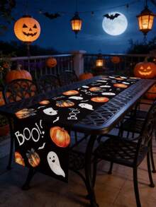 1pc Halloween Table Runner, Size 180*35cm, Polyester Material, With Ghost Pumpkin Pattern, Halloween Tablecloth, Halloween Decor, Halloween Party Decor, Halloween Candy Or Trick Decor, Joyful Halloween Decor, Kitchen Supplies, Tabletop Decor - Multicolor - View 2