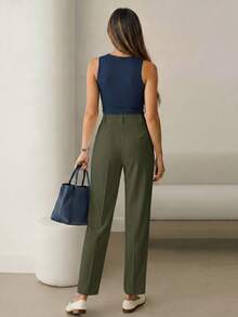 Women's High Waist Army Green Long Pants, Simple Fashionable Commuter Y2K Style, Comfortable Slim Fit Versatile (Accessories Not Included) - Army Green - View 5