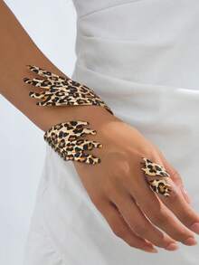 2pcs Asymmetrical Wide Bracelet & Ring Set, Unique Street Style Accessories For Women - Leopard - View 6