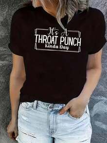 Loose Casual Short Sleeve Crew Neck T-Shirt For Women, Blend Of, Medium Stretch, With It's A Throat Punch Kinda Day Print, For All Seasons, Comfortable, Fashionable Top - 黑色 - 查看 3