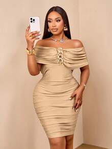 BIUBIU Plus Size Women Sexy Bodycon Dress, Gold Strapless Off-Shoulder Ruched Knit Mini Dress, High Elastic Fabric Elegant Summer - Apricot - View 6