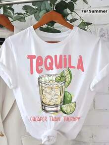 Camiseta estampada de manga corta y cuello redondo, top casual de primavera y verano para mujer. - Blanco - Ver 1