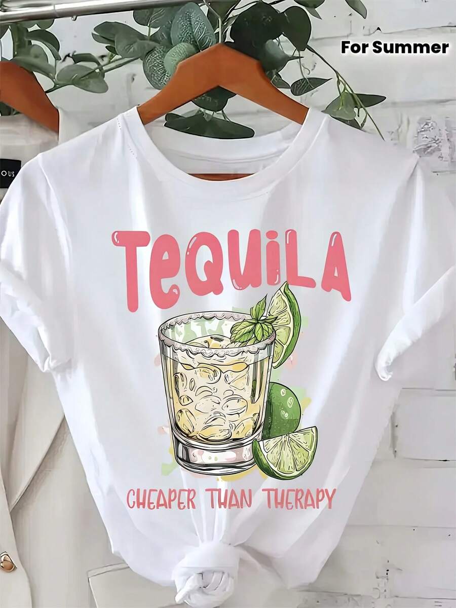 Camiseta estampada de manga corta y cuello redondo, top casual de primavera y verano para mujer. - Blanco - Ver 1