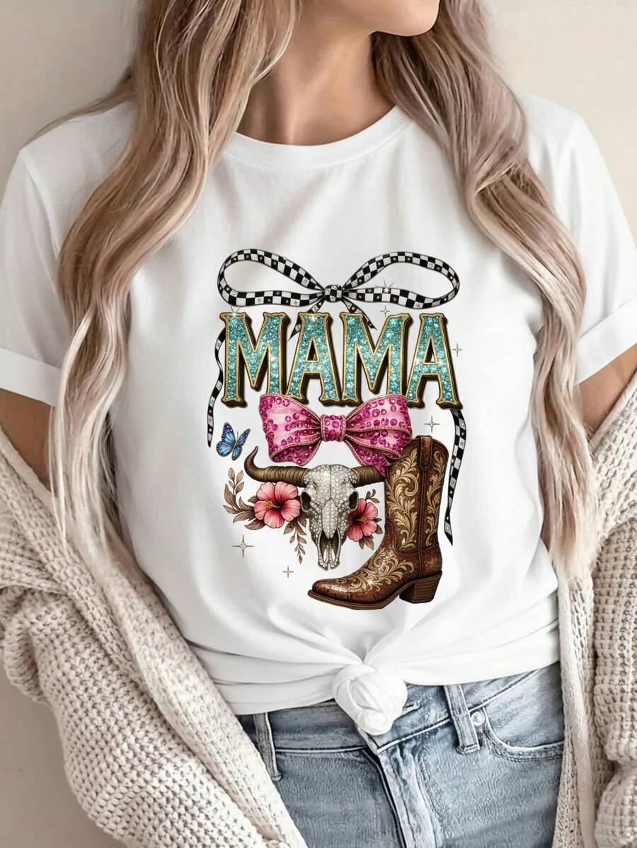 Women's & Men's Leisure T-Shirt And Size S For Women And Men, Women's T-Shirt, Size S, For Leisure Travel, College Party, MAMA Plaid Ribbon, Pink Rhinestone Bow, Bull Skull, Pink Hibiscus Flowers, Leaves, Brown Cowboy Boot, Blue Butterfly, Bright Stars. - 白色 - 查看 1
