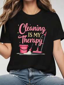 Women's Clean Printed T-Shirt, Spring/Summer, Short Sleeve, Round Neck, Casual, For Everyday Wear At Home. Elegant Party Outfit, T-Shirt For Elegant Ladies, Blouses Suitable For Curvy Women, Prom Skirts, Casual Wear. Adorable Animal Print, Fun Letter Print, Combinable With Street Fashion. - 黑色 - 查看 7