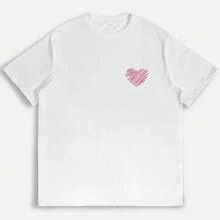 Hand-Drawn Pink Heart Graphic T-Shirt, Love Themed Tee, Casual Everyday Wear, Gift, Cute And  Graphic Tee For Women, Romantic Valentine's Day Tee - 白色 - 查看 1