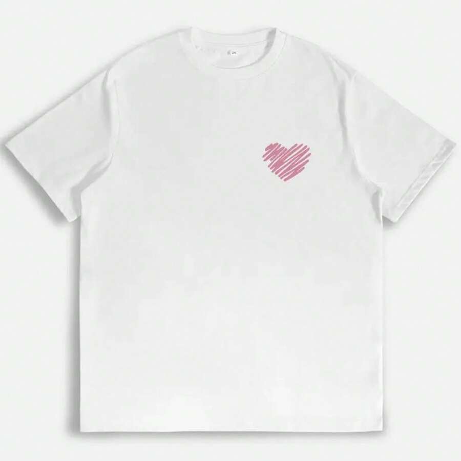 Hand-Drawn Pink Heart Graphic T-Shirt, Love Themed Tee, Casual Everyday Wear, Gift, Cute And Graphic Tee For Women, Romantic Valentine's Day Tee - 白色 - 查看 1