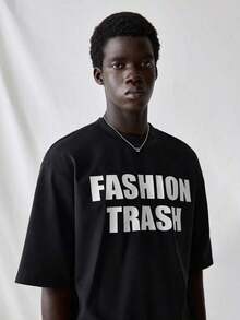 SWAVVY Men's Knit T-Shirt, Casual Style, Loose Fit, Short Sleeve, With English Letter Print, For Summer. - 黑色 4 - 查看 3