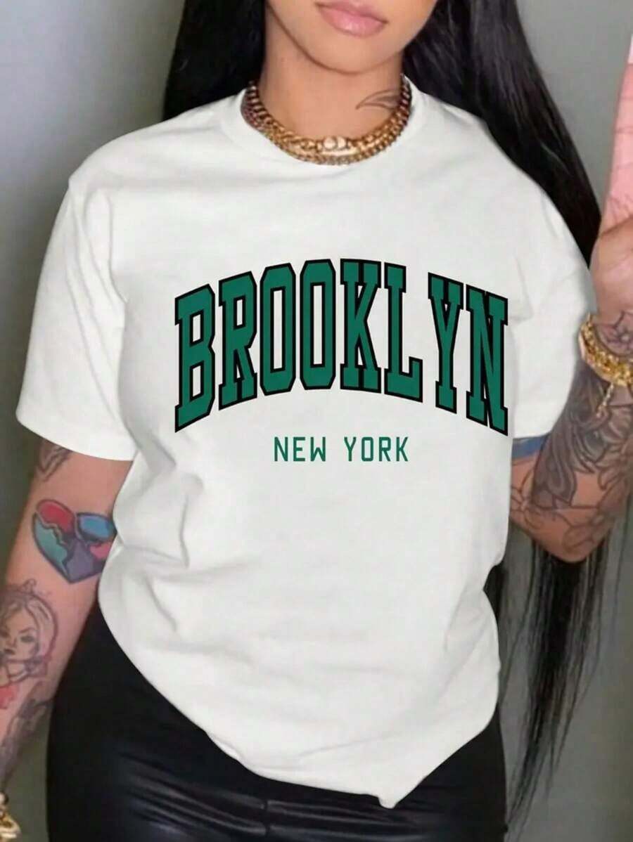 Semi-Sheer Crew Neck T-Shirt With Brooklyn Letter Print In Polyester Fabric, Casual Short-Sleeved Top With Dropped Shoulders, Women's Clothing - Vintage Street Style Unisexoose Cotton Short Sleeve Crew Neck T-Shirt - 白色 - 查看 1