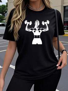 Camiseta Deportiva para Mujer, Rosa, Estilo Y2K - Manga Corta, Cuello Redondo, Alta Elasticidad, Estampado con Diseño de Mujer Muscular Levantando Pesas, Ropa Casual y Deportiva |     Moda Y2K |     Camiseta Elástica y Relajada de Talla Grande - Estilo - Ver 1