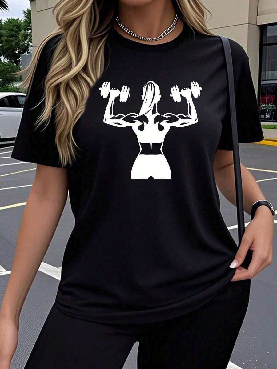 Camiseta Deportiva para Mujer, Rosa, Estilo Y2K - Manga Corta, Cuello Redondo, Alta Elasticidad, Estampado con Diseño de Mujer Muscular Levantando Pesas, Ropa Casual y Deportiva | Moda Y2K | Camiseta Elástica y Relajada de Talla Grande - Estilo - Ver 1