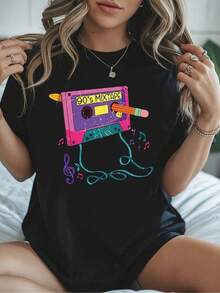 Camiseta con gráfico Mixtape vintage de los años 90 para mujer - Diseño de cinta de casete retro con botón de reproducción - Camiseta negra para trajes nostálgicos de los años 90, amantes de la música - Top ligero de verano para todos los días - Concierto informal yblusas para mujer playeras de mujer vestidos casuales para mujer y2k playeras deportivas para mujer verano camisetas ropa de mujer Fashion Perfect For Daily - Negro - Ver 1