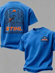 Premium Unisex Casual T-Shirts, STIHL Into The Woods T-Shirt, STIHL Chainsaw Graphic T-Shirt, Lumberjack Work Shirt, Forestry Worker Graphic T-Shirt, Forestry Industry Work Shirt, Unisex Outdoor Work T-Shirt - 藍色 - 查看 6