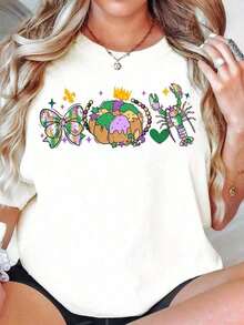 Camiseta de de Mardi Gras con Diseño de Lazo, Pastel de Rey y Cangrejo de Río, Top Festivo para Mujer - Estilo Urbano Vintage, Unisex, de Algodón, Manga Corta, Cuello Redondo - Blanco - Ver 1