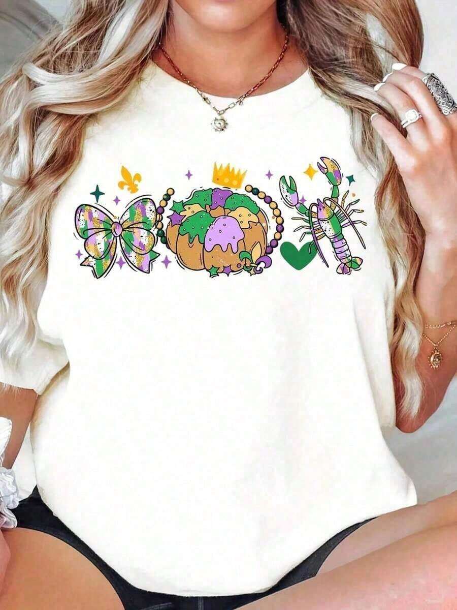 Camiseta de de Mardi Gras con Diseño de Lazo, Pastel de Rey y Cangrejo de Río, Top Festivo para Mujer - Estilo Urbano Vintage, Unisex, de Algodón, Manga Corta, Cuello Redondo - Blanco - Ver 1