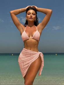 Traje de baño bikini de tres piezas de malla, sexy y de color sólido. - durazno - Ver 11