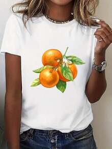 Camiseta Casual para Mujer - Camiseta Blanca Vintage de Corte Holgado y Transpirable para Uso Diario con Estampado de Frutas Naranjas (Naranjas y Hojas) - Camiseta Ligera de Estilo Retro para Conjuntos de Primavera y Verano - 100% Algodón - Resistente - Blanco - Ver 6