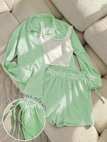 Conjunto de camisa y camiseta casual de talla estándar para mujer - Verde - Ver 1