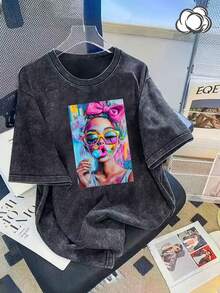 Camiseta de manga corta para mujer, estilo vintage holgado con hombros caídos y efecto desgastado, con estampado pop art, moderna y a la moda, que simplifica las opciones de vestimenta diaria. - Negro - Ver 6