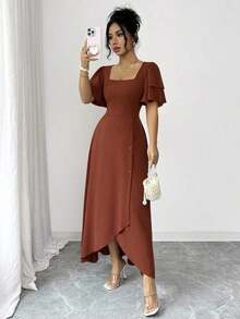 YHHRafferiza Vestido de mujer con cuello cuadrado francés, con volantes en capas adelgazantes, manga corta. Vestido vintage con diseño de botones y bajo asimétrico, elegante para ir al trabajo, citas, vacaciones y salidas.YHH - Rosa vieja - Ver 11