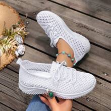 Women's White Breathable Hollow Mesh Slip-On Athletic Sneakers, Outdoor & Daily Wear Running Shoes - White - View 6