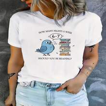 1 pieza, camiseta de manga corta de algodón puro clásica y versátil, adecuada para usar en cualquier estación, con dise?o azul de pájaro y montones de libros, estilo moderno - Blanco - Ver 2