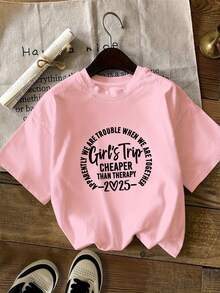 Camiseta Gráfica Rosa "Trip" de Talla Grande para Mujer - Cuello Redondo Casual, Manga Corta, Top de Verano y Primavera con Diseño "Más Barato que la Terapia", Ropa Casual|Estampado Divertido|Tela elástica, TALLA GRANDE - Rosa - Ver 6