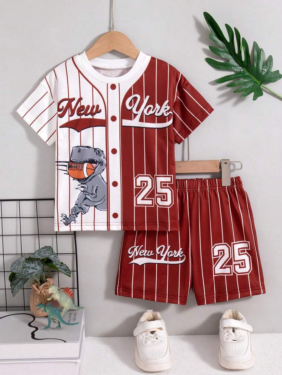 2pcs/Set Boys' Casual Striped Random Print Decor Drop Shoulder Short Sleeve Top And Elastic Waist Shorts, Spring/Summer - Burgundy - View 1