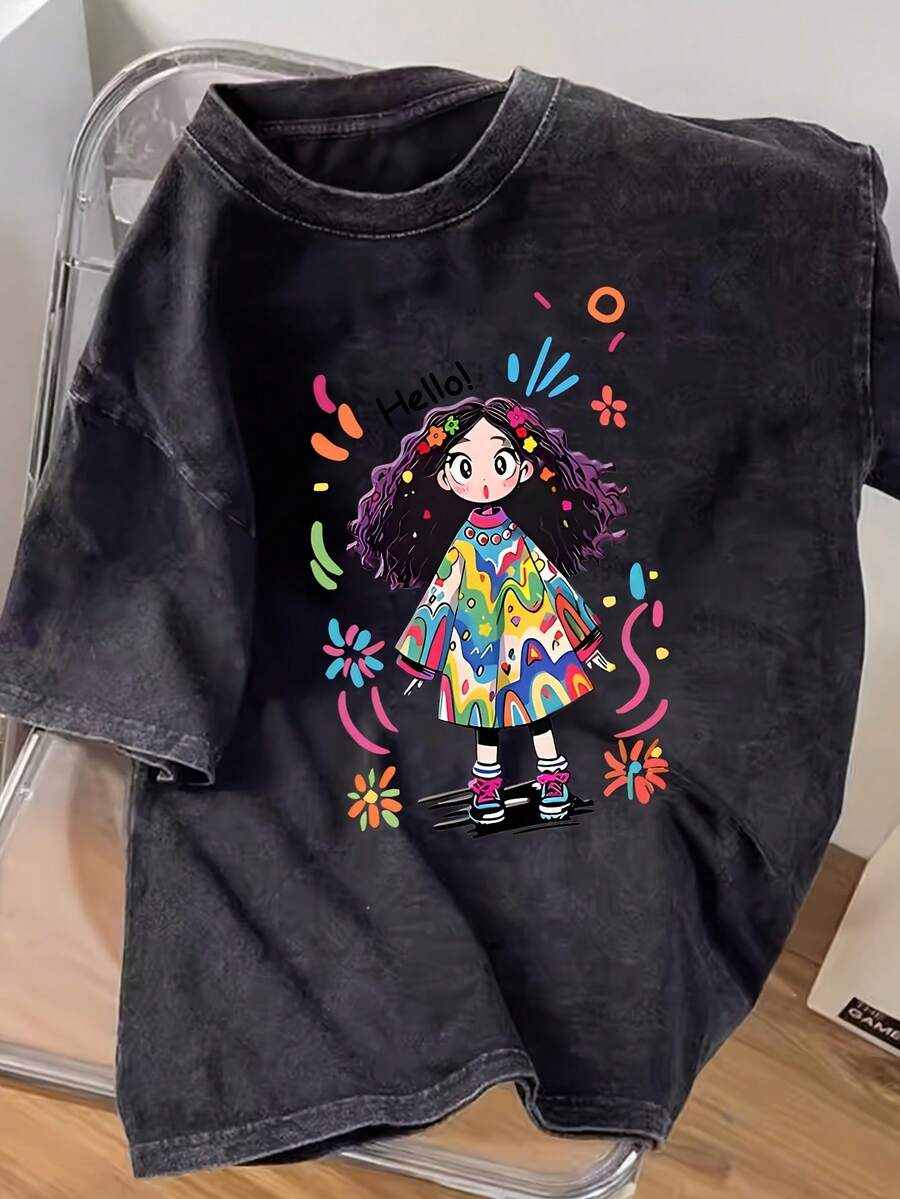 Camiseta casual vintage cómoda y lavada para mujer, camiseta de manga corta con cuello redondo,% algodón lavado y versátil para hombre, adecuada para uso diario y atuendos de, estilo unisex. - Negro - Ver 1