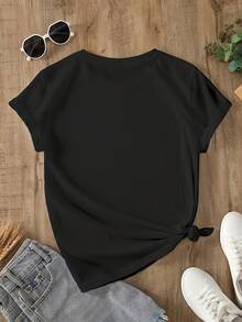 2025 New Spring/Summer Heart Pattern "One Day At A Time" Letter Print Loose Round Neck T-Shirt, Women's Casual Loose Short Sleeve Top, Fashionable And Versatile - 黑色 - 查看 2