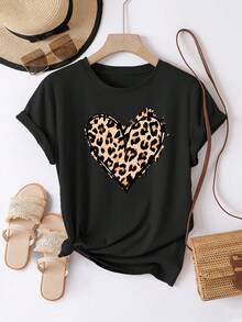 Short-Sleeved T-Shirt With Heart And Leopard Print, Casual Round Neck Sports T-Shirt For Women, Basic Spring/Summer Top, Women's Clothing - 黑色 - 查看 7