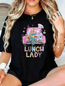 Camiseta de manga corta estilo casual para mujer, con diseño de camión rosa con utensilios de cocina y flores, ropa de verano para amantes de la comida y profesores, regalo de verano. - Negro - Ver 1