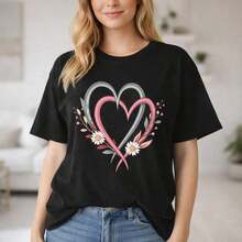 Women's Casual Cotton T-Shirt, Round Neck, Short Sleeve, With Double Heart And Flower Print, Loose Fit, Comfortable And Soft Clothing For Everyday Wear - 黑色 - 查看 8