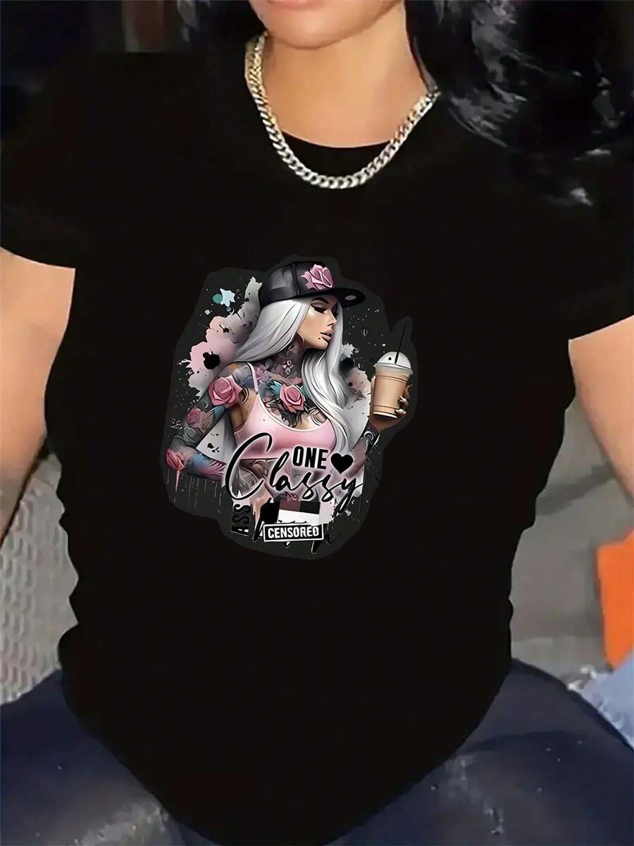 Talla grande - Talla grande - Camiseta holgada para mujer, camiseta estampada de manga corta casual de verano, diseño de tatuaje floral a la moda, top holgado de estilo urbano. - Negro - Ver 1