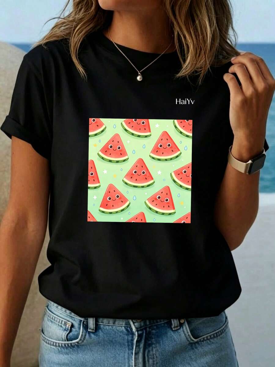 Oferta por tiempo limitado, cantidad limitada disponible, relámpago, camisas de mujer, camisetas de mujer Playera Casual Blanca de Mujer con Diseño Lindo de Sandía, Camiseta Manga Corta Cuello Redondo, Estilo Kawaii , Ropa Comoda para Jovenes y Uso Diario - Negro - Ver 1