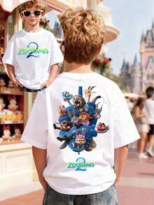 Disney Zootopia Cartoon Front And Back Prints, Casual Cotton Short Sleeved Tops, Boys' And Girls' Birthday Party/Photo Specific T-Shirts, Soft Cotton Children's Summer Casual Tops, Disney Official Star Treasure, Cotton Summer Boys' And Girls' Short Sleeved Shirts, Suitable For Daily Wear, Vacation, Outdoor Activities, And Can Also Be Used As Children's Gifts. - trắng - Xem 1