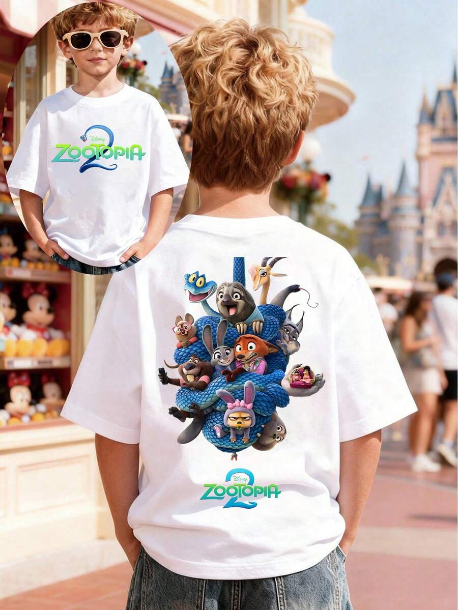 Disney Zootopia Cartoon Front And Back Prints, Casual Cotton Short Sleeved Tops, Boys' And Girls' Birthday Party/Photo Specific T-Shirts, Soft Cotton Children's Summer Casual Tops, Disney Official Star Treasure, Cotton Summer Boys' And Girls' Short Sleeved Shirts, Suitable For Daily Wear, Vacation, Outdoor Activities, And Can Also Be Used As Children's Gifts. - trắng - Xem 1