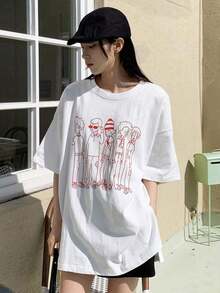 Women Loose Fit Character Printed Short Sleeve Long T-Shirt Summer Graphic Tee Oversized T-Shirt,Back To School Clothes-Vintage Street Style Unisex Loose Cotton Short Sleeve Crew Neck T-Shirtblusas para mujer. blusas.blusas casuales para dama. - Blanco - Ver 7
