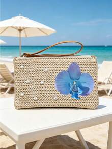 Túi cầm tay rơm phong cách Bohemian màu xanh hoa lan & ngọc trai, ví đeo cổ tay dệt sợi raffia với ngọc trai giả, túi rơm kéo khóa đi biển mùa hè, hoàn hảo để đựng điện thoại, chìa khóa, mỹ phẩm & các vật dụng nhỏ thiết yếu, lý tưởng cho phụ nữ, con gái, những người yêu biển & khách du lịch, phù hợp cho các chuyến đi biển, tiệc bể bơi, kỳ nghỉ & dạo phố thường ngày, tuyệt vời làm quà tặng kỳ nghỉ hè, sinh nhật & phù dâu, đa năng như ví cầm tay, túi đeo cổ tay, túi đi biển & túi đựng đồ du lịch - Nhiều màu - Xem 3