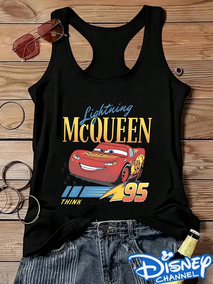 Disney Racing Story Lightning McQueen Print, Ladies Round Neck Vest, Comfortable, Breathable And Loose I-Shaped Version, A Versatile Item For Daily Commuting. - màu đen - Xem 1