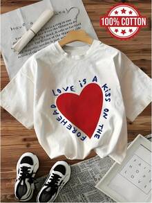 Camiseta Casual de Manga Corta y Cuello Redondo para Mujer, Diseño Simple |   Top blanco puro con estampado de corazones rojos "El amor es mejor que un beso", lavable a máquina, cómodo y ajustado, adecuado para todas las estaciones. Elegante y práctico para el verano. - Blanco - Ver 7