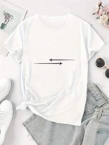 Camiseta ligera de manga corta para mujer - Top de verano transpirable con cuello redondo y estampado geométrico de cola de avión, baja elasticidad, camiseta blanca lavable a máquina, tela opaca adecuada para todas las estaciones, atuendo casual diario para el verano. - Blanco - Ver 3
