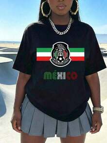 Estilo Y2K, estilo de moda, lo más nuevo de 2026, estilo lindo, estilo casual, blusas para mujer>ropa. Camiseta de manga corta holgada e informal para mujer con el emblema y el diseño de la bandera de la Selección Nacional de México, ideal para aficionadas al Mundial. Nueva camiseta elegante, - Ideal para el verano 180g (S-XXXL) - Negro - Ver 7