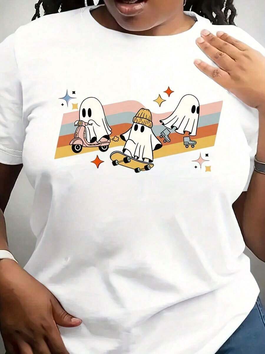 Camiseta de Fantasmas Lindos de Halloween, Camiseta de Fantasmas con Scooter y Patineta, Camiseta de Halloween, Regalo de Halloween - Blanco - Ver 1