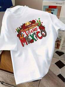 Lightweight T-Shirts With Mexican Style Prints Viva Mexico, Short Sleeve, 95% Cotton, Loose Fit, Casual, Unisex, 100% Cotton, Popular Choice - 白色的 - 查看 7