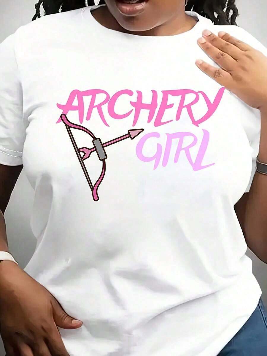 Camiseta de manga corta con cuello redondo para mujer con estampado gráfico de arquería rosa - Top casual semitransparente para primavera y otoño, lavable a máquina, camisetas para damas, moda de temporada, diseño divertido, textura suave. - Blanco - Ver 1