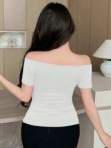 Camiseta de mujer de manga raglán con cuello de corazón de unicolor para salir - Beis - Ver 3